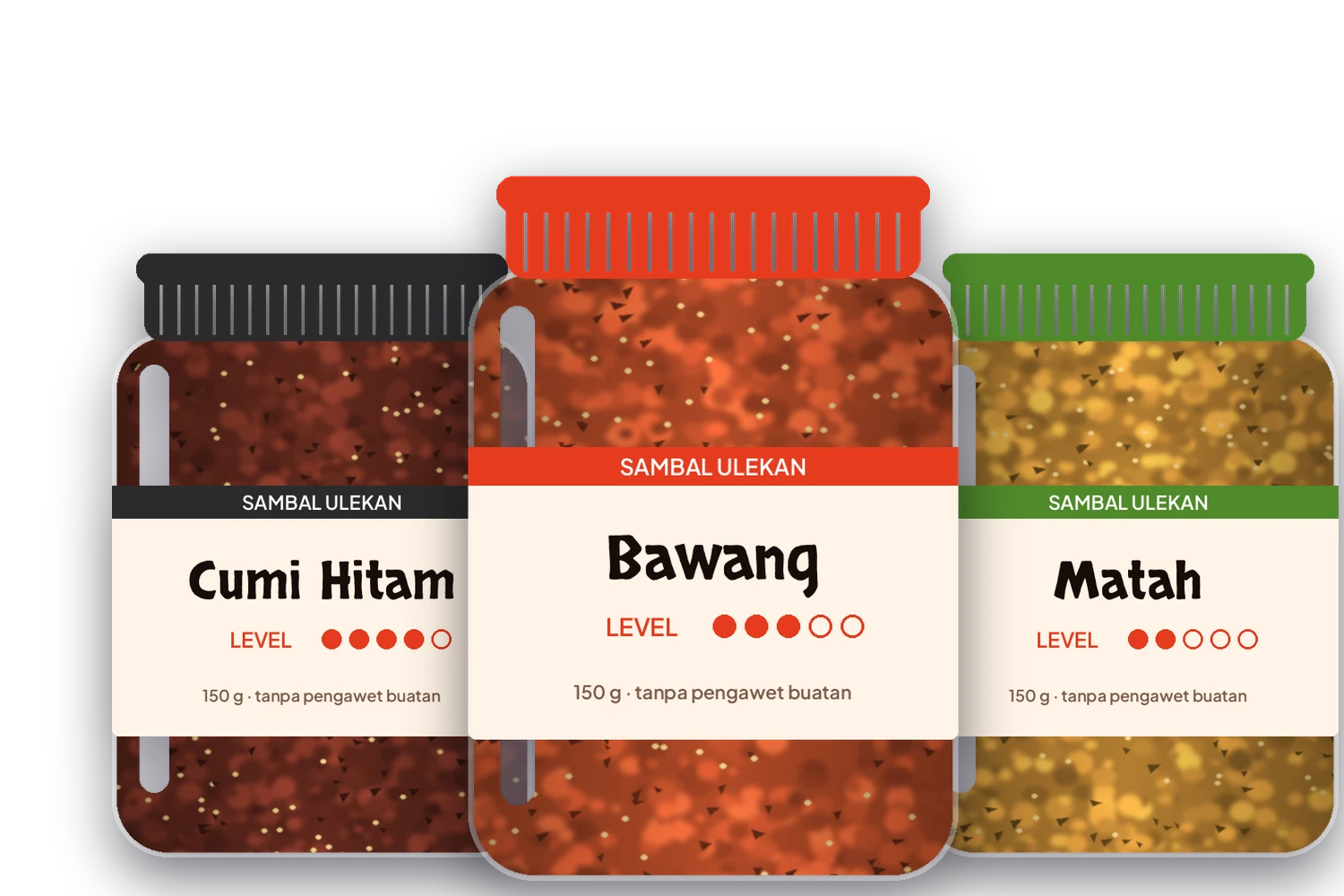 Tiga toples Sambal Ulekan: Cumi Hitam, Bawang, Matah; mockup orisinal